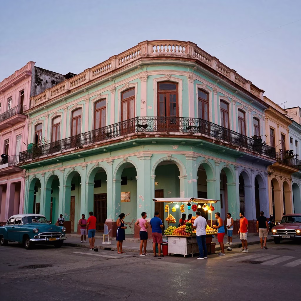Busy Havana Street Corner Evening with Colorful Architecture and Local Street Vendors Selling Food in in Havana, Cuba