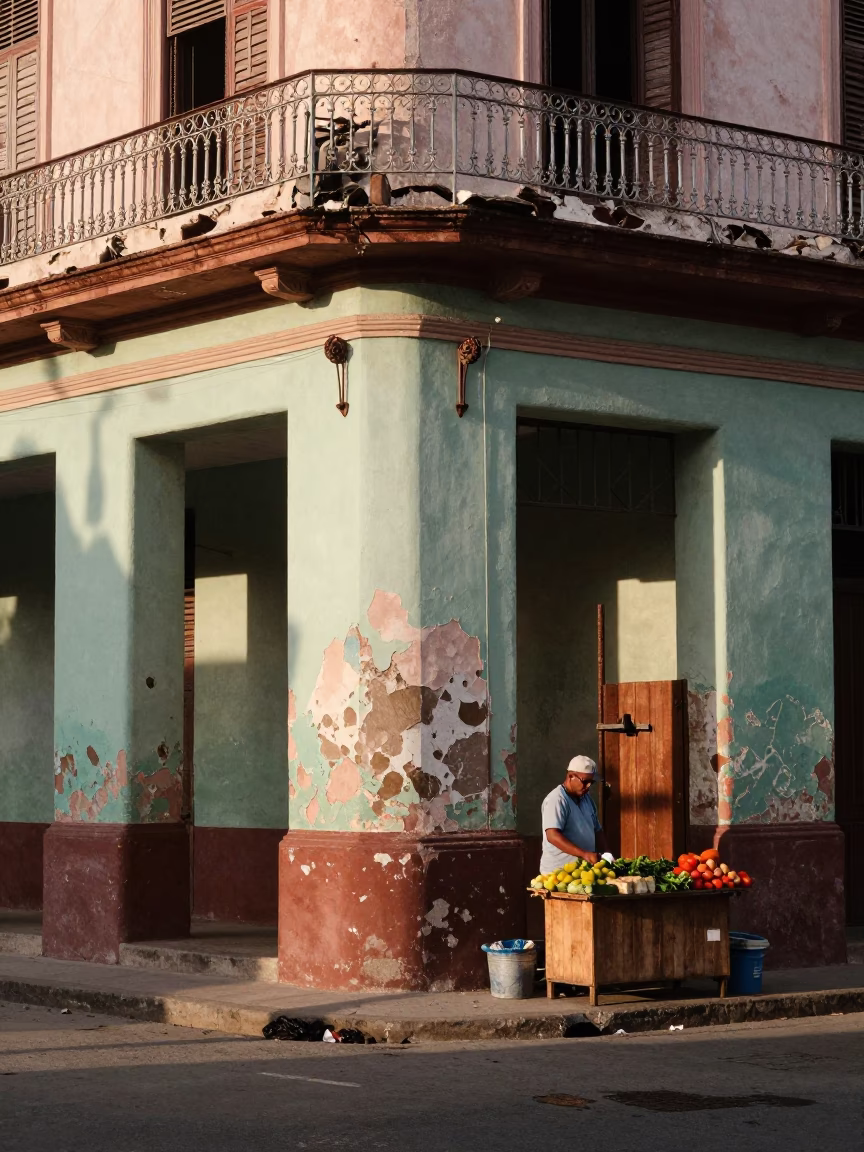 Busy Havana Street Corner Late Afternoon with Peeling Paint and Local Life in in Havana, Cuba