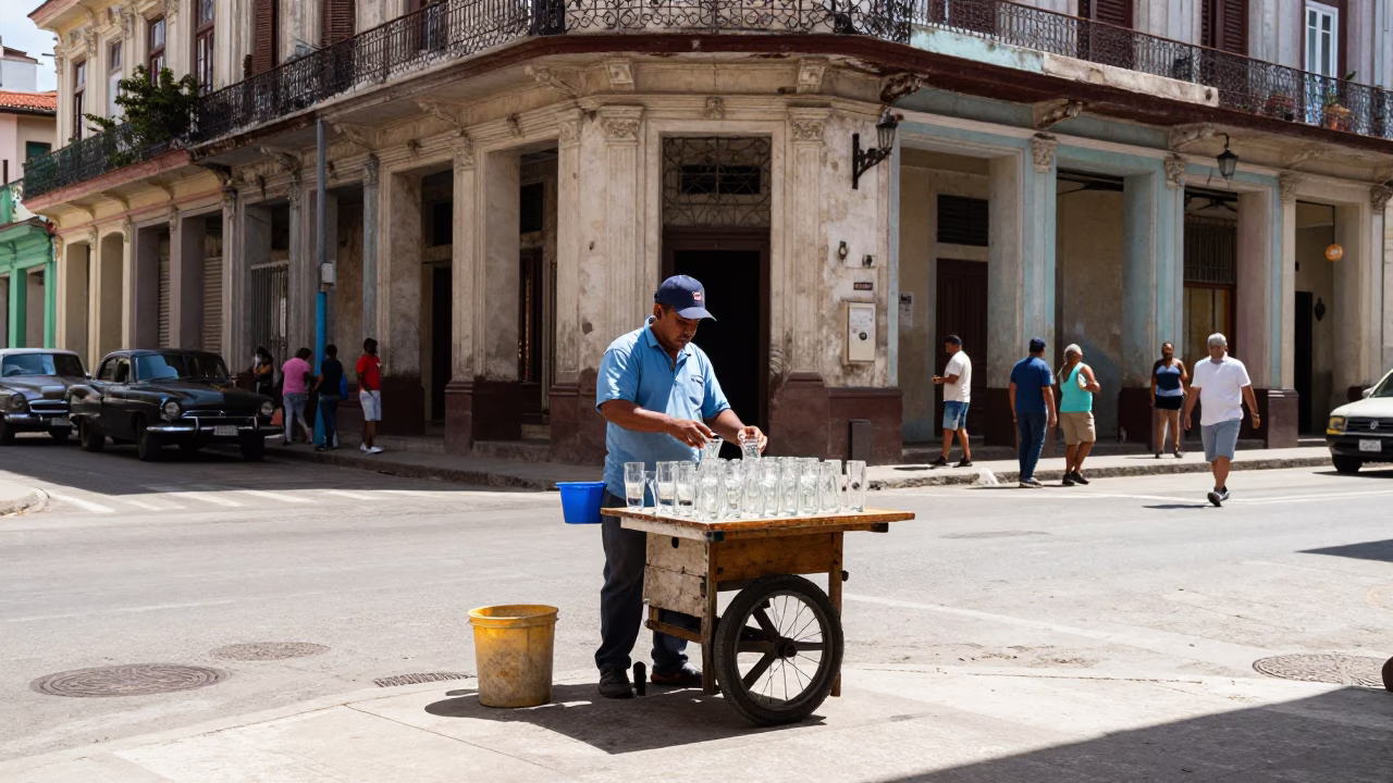 Busy Havana Street Corner Midday Scene with Local Vendor and Glass Tumblers in in Havana, Cuba
