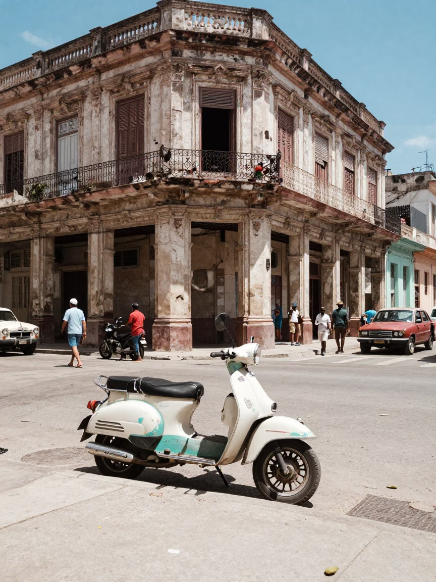 Busy Havana Street Corner Under Noon Glare with Vintage Motorcycle and Local Market Activity in in Havana, Cuba