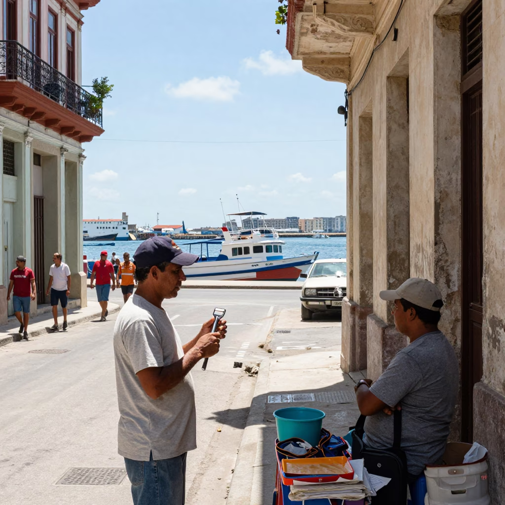 Busy Havana Street Corner with Junk Boat Harbor View and Local Life in in Havana, Cuba