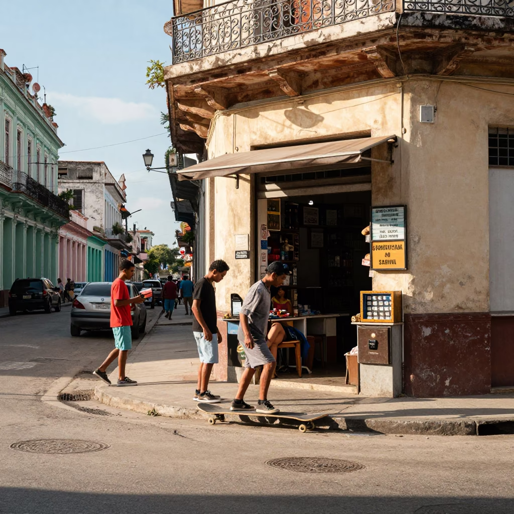 Busy Havana Street Corner with Skateboarder and Local Shop Display in Early Afternoon Light in in Havana, Cuba