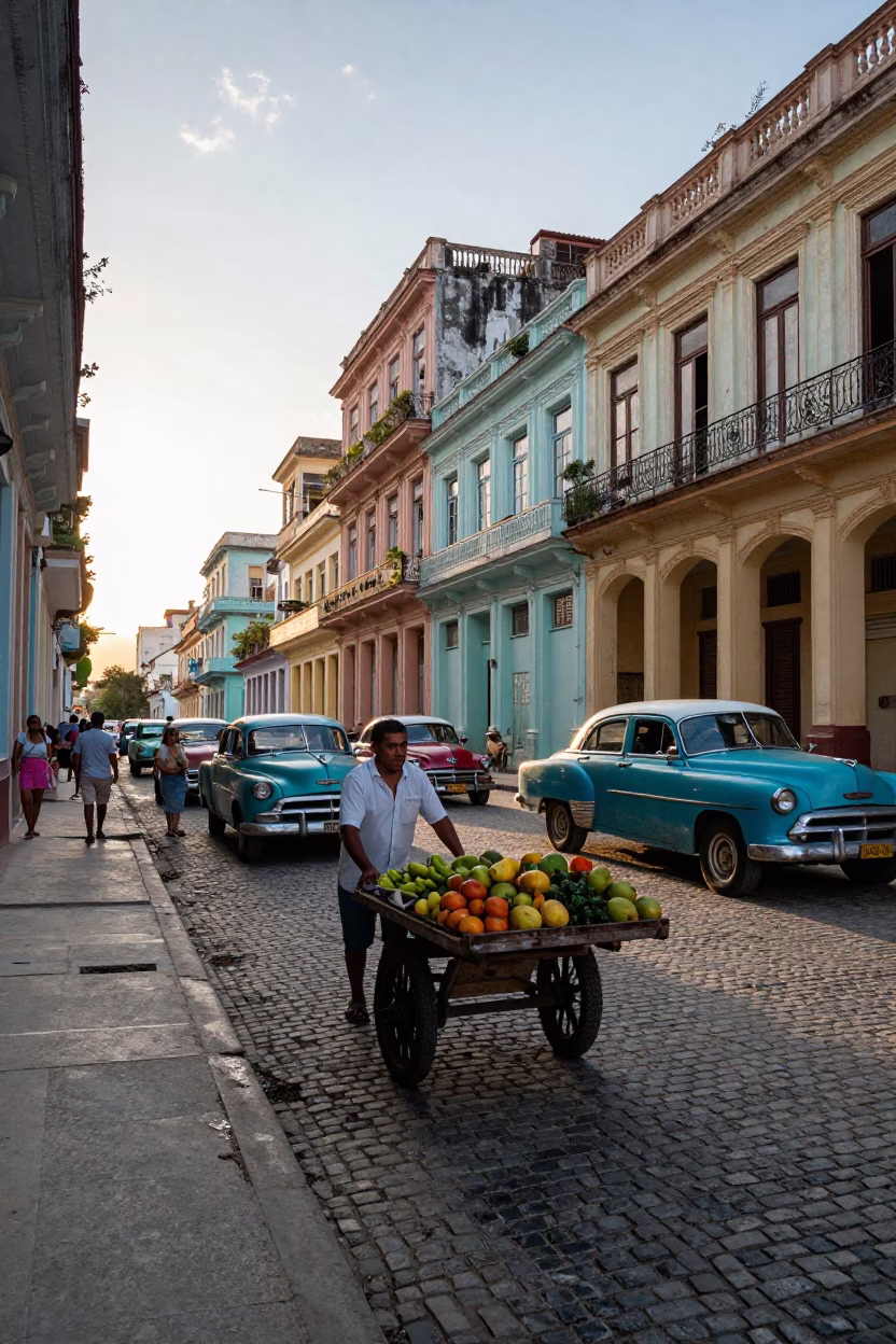 Busy Havana Street Scene After Sunrise With Vintage Cars And Local Life in in Havana, Cuba