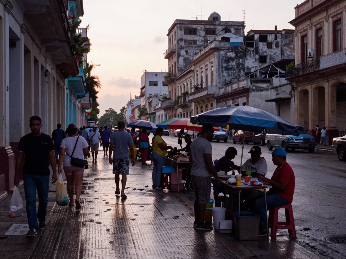 Busy Havana Street Scene at Nautical Dawn with Pedestrian Overpass and Xoloitzcuintli Dog in in Havana, Cuba
