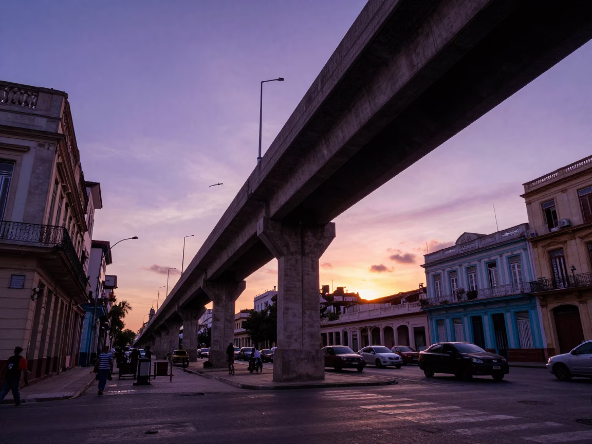 Busy Havana Street Scene at Sunset with Overpass Ramp and Local Life in in Havana, Cuba