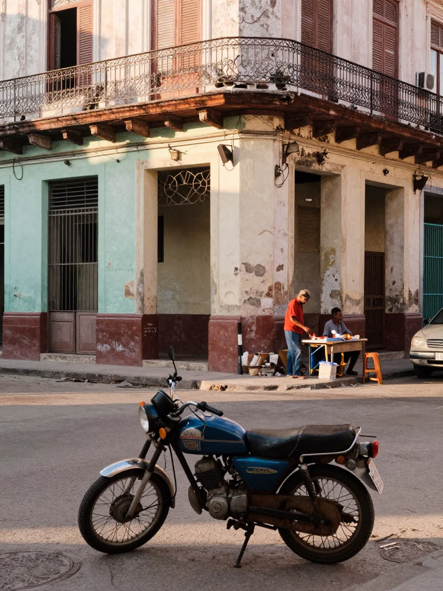 Busy Havana Street Scene Late Afternoon with Vintage Motorcycle and Local Life in in Havana, Cuba
