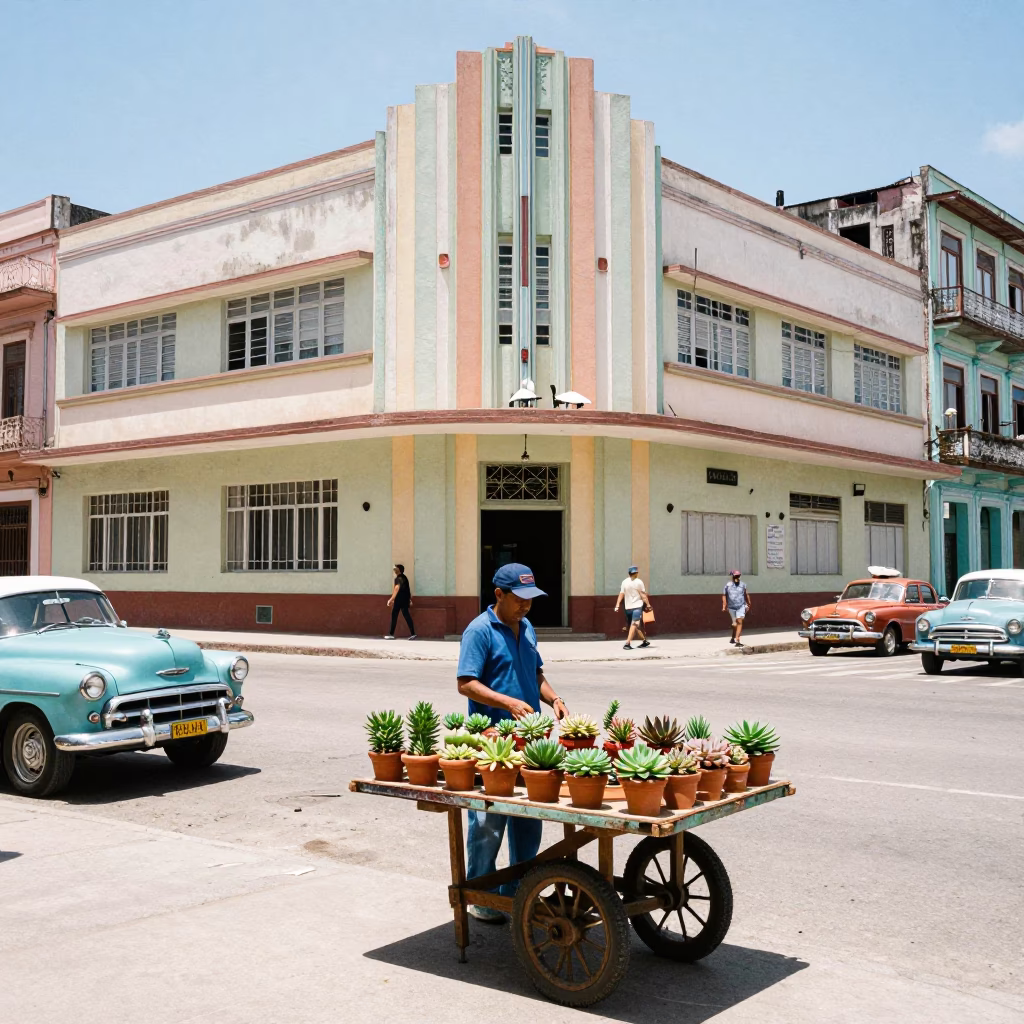 Busy Havana Street Scene Midday with Art Deco Cinema Facade and Local Vendors in in Havana, Cuba