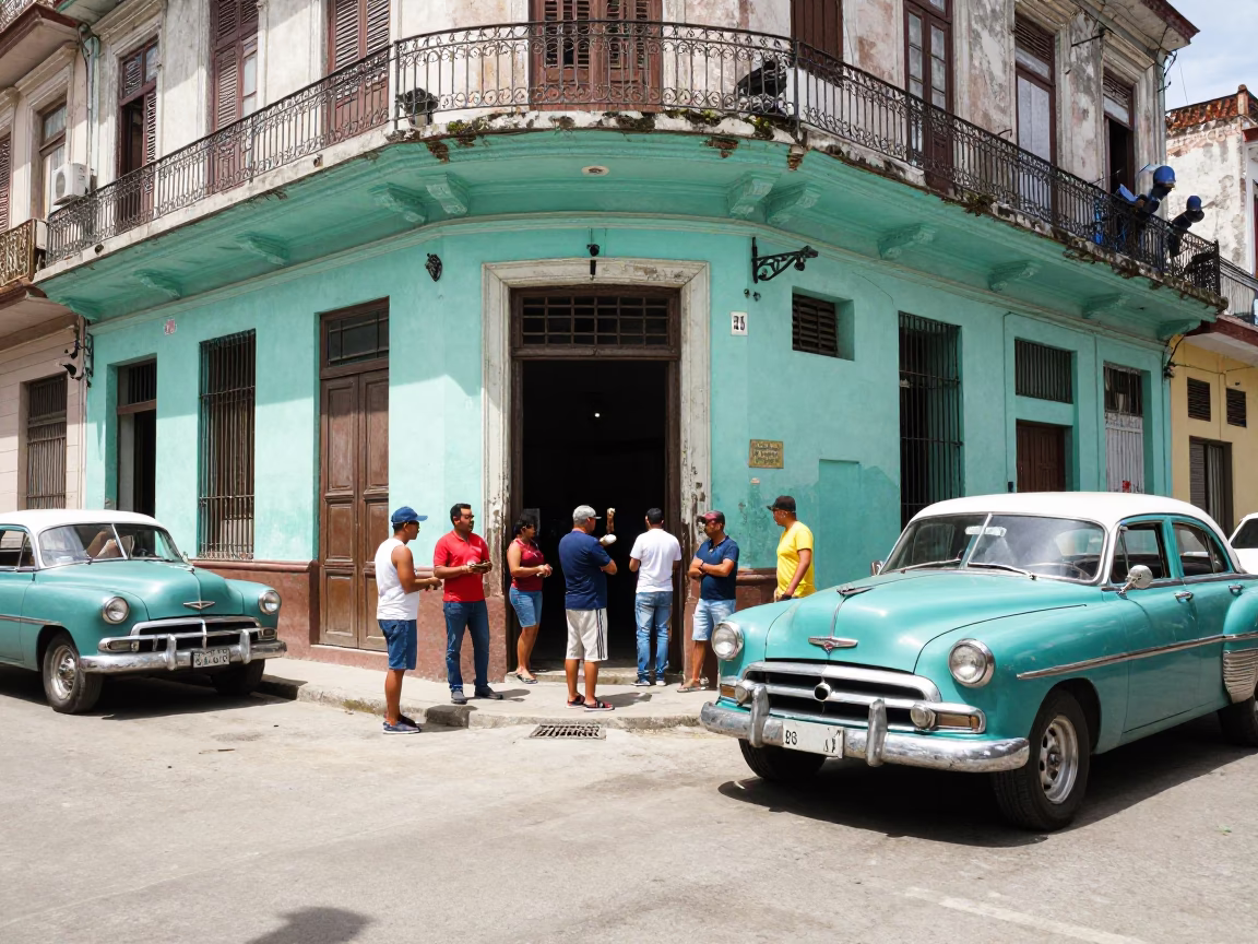 Busy Havana Street Scene Midday with Vintage Cars and Local Life in in Havana, Cuba