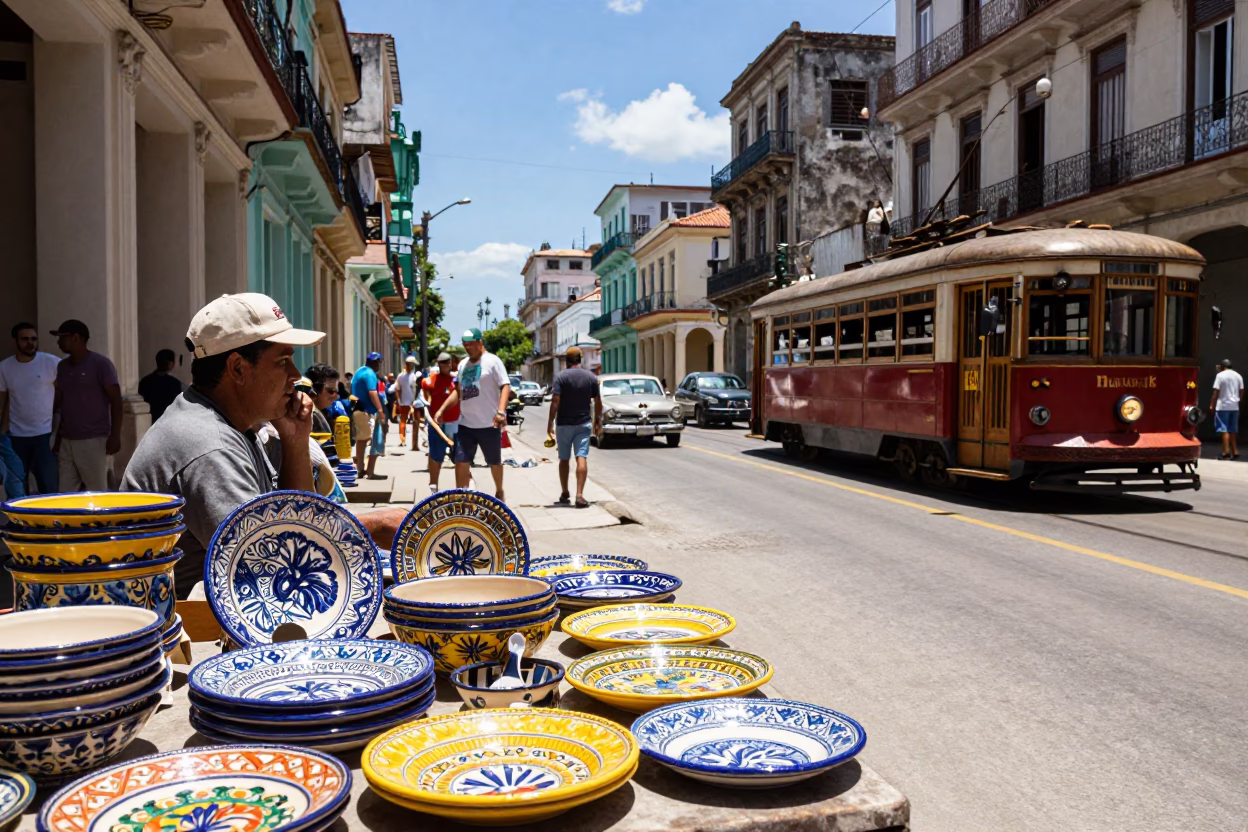 Busy Havana Street Scene with Majolica Plates and Trams at Midday in in Havana, Cuba