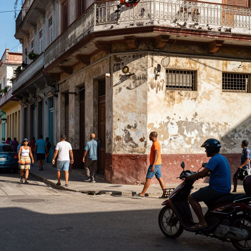 Busy Havana Street Scene with Smudged Plaster Walls and Local Market Activity in in Havana, Cuba