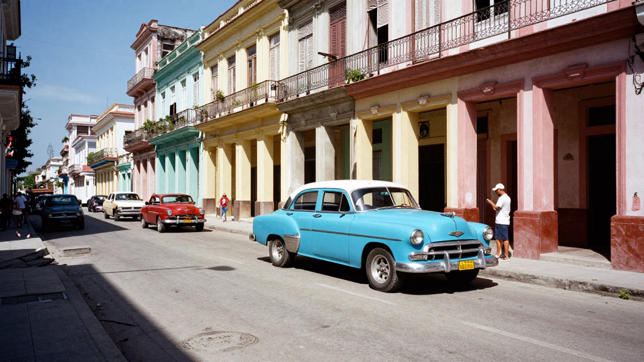 Busy Havana Street Scene with Vintage Car and Colorful Architecture in in Havana, Cuba