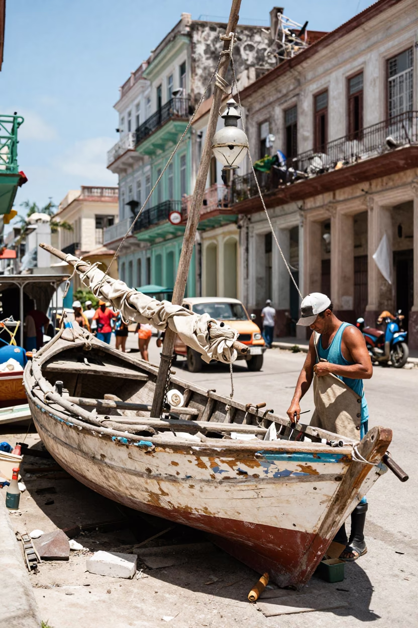 Busy Havana Street Scene with Wooden Sailboat and Lantern in Midday Sunlight in in Havana, Cuba