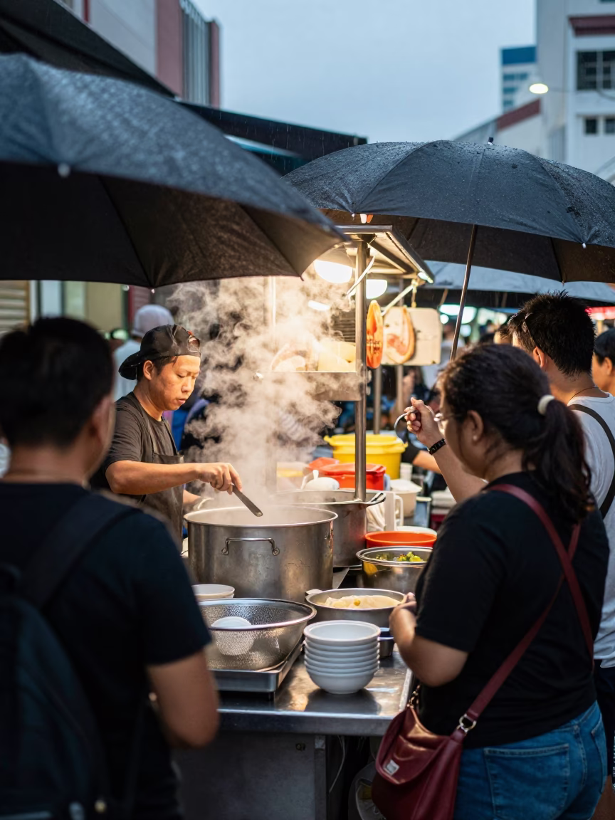 Busy hawker stall counter in Singapore during light rain at dusk in in Singapore, Singapore