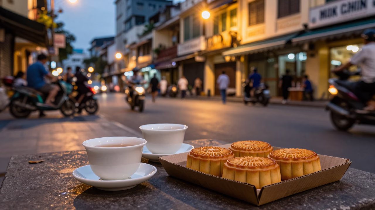 Busy Ho Chi Minh City Evening Street Scene with Tea and Mooncakes in in Ho Chi Minh City, Vietnam