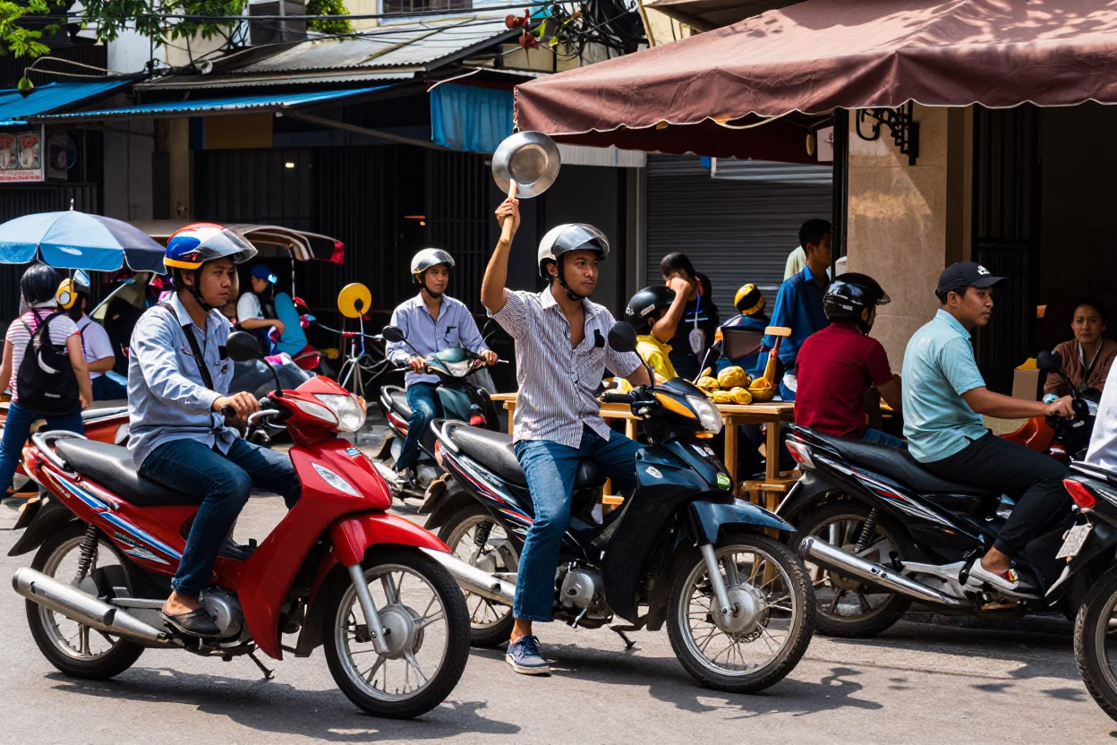 Busy Ho Chi Minh City Street Corner Midmorning Life with Ladle and Mallet Props in in Ho Chi Minh City, Vietnam