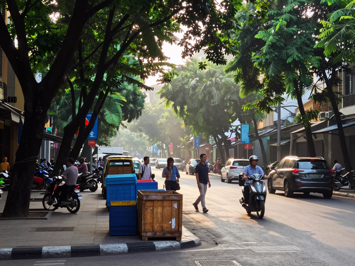 Busy Ho Chi Minh City Street Corner Morning Light with Crates and Daily Life in in Ho Chi Minh City, Vietnam