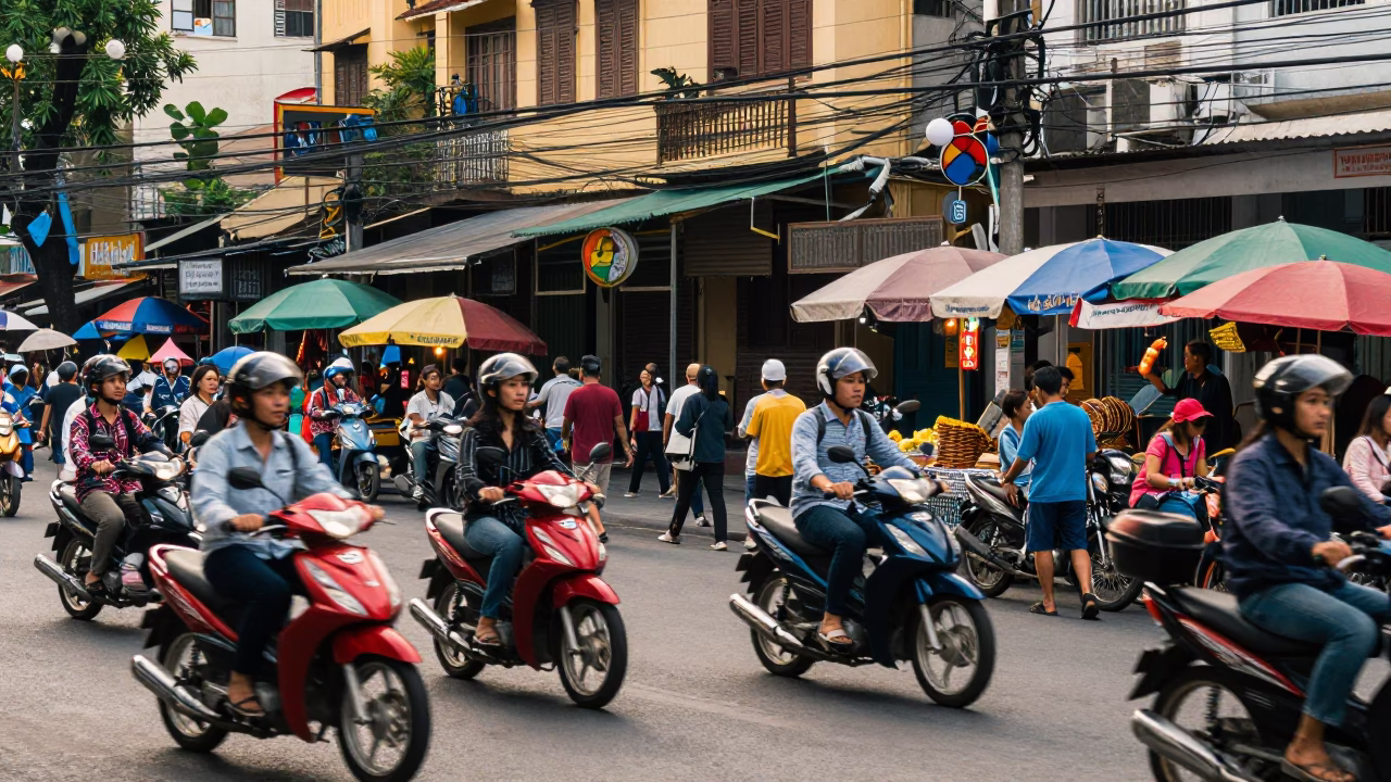 Busy Ho Chi Minh City Street Scene Late Afternoon with Local Vendors and Traffic in in Ho Chi Minh City, Vietnam