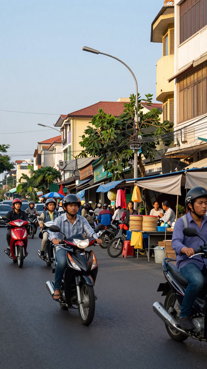 Busy Ho Chi Minh City Street Scene Late Afternoon with Motorbikes and Local Vendors in in Ho Chi Minh City, Vietnam