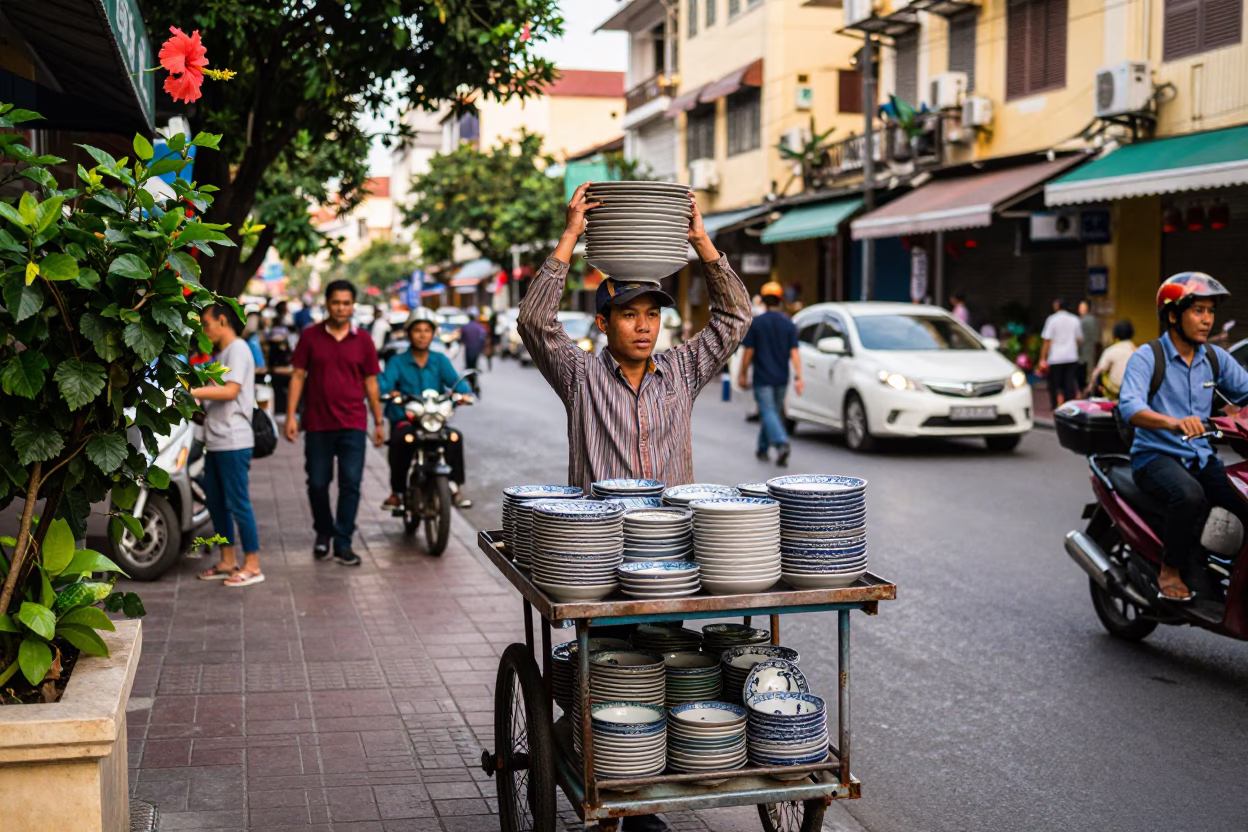 Busy Ho Chi Minh City Street Scene with Hibiscus Flower and Vintage Majolica Plate in in Ho Chi Minh City, Vietnam