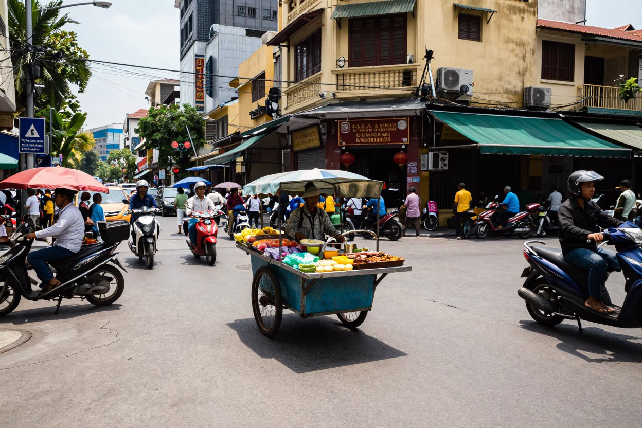 Busy Ho Chi Minh City Street Scene with Rolling Carts Under Noon Sun in in Ho Chi Minh City, Vietnam