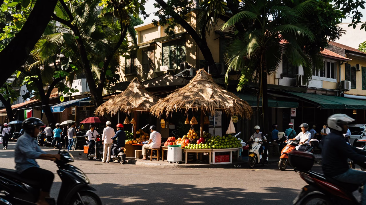 Busy Ho Chi Minh City Street Scene with Wicker Shadows and Fruit Bowl in in Ho Chi Minh City, Vietnam