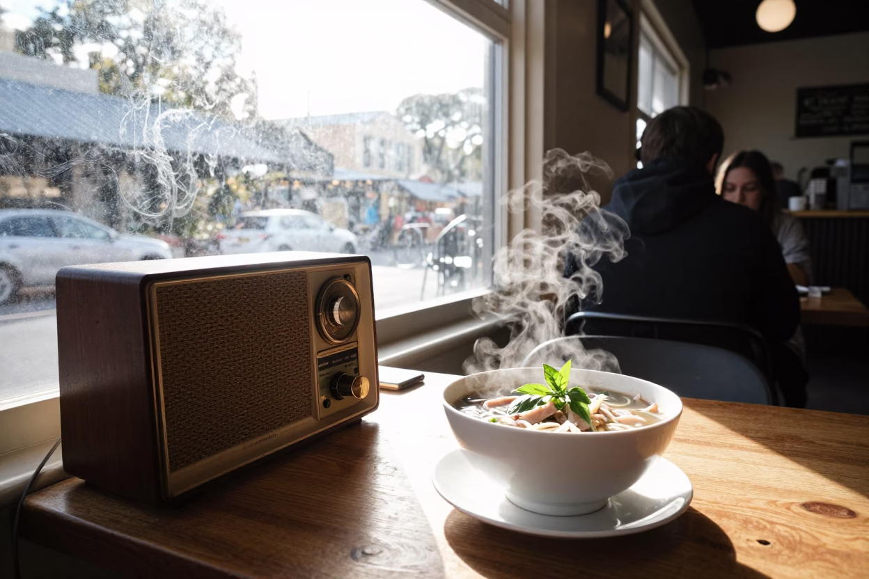 Busy Hobart Cafe Interior Early Afternoon with Vintage Radio and Pho Bowl in in Hobart, Tasmania, Australia