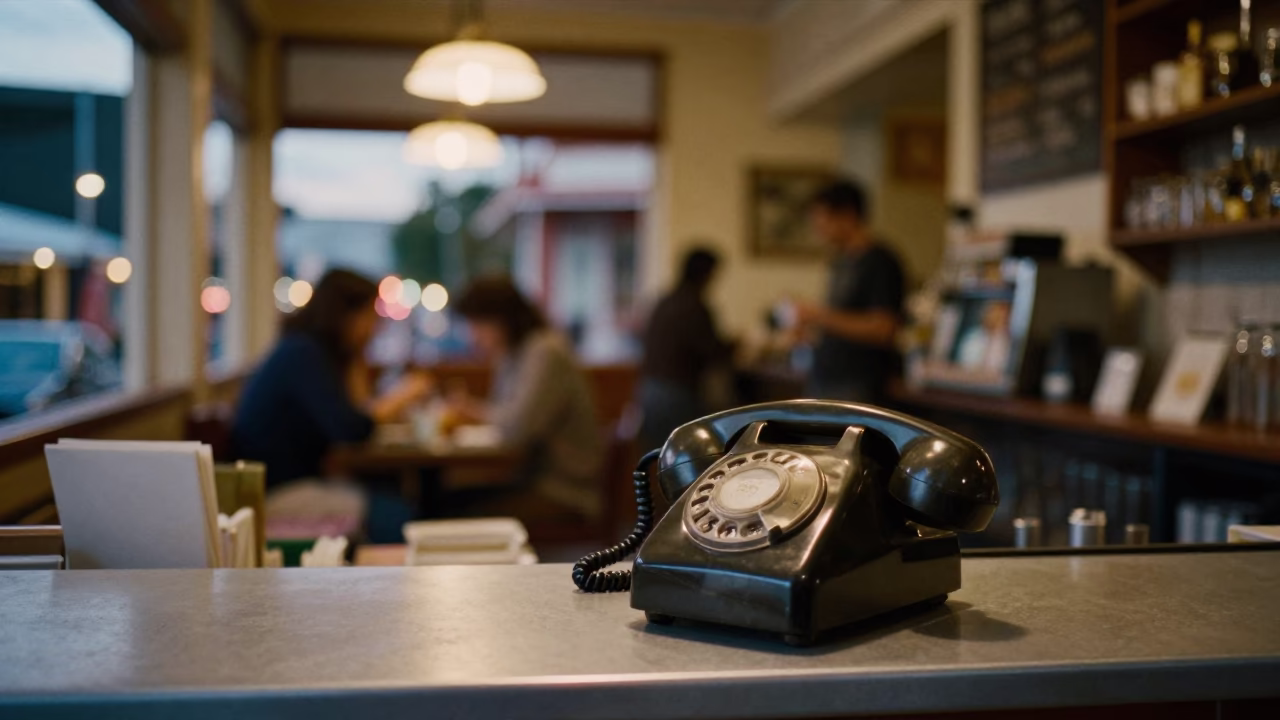 Busy Hobart Cafe Interior with Vintage Bakelite Telephone and Table Lamp at Dusk in in Hobart, Tasmania, Australia