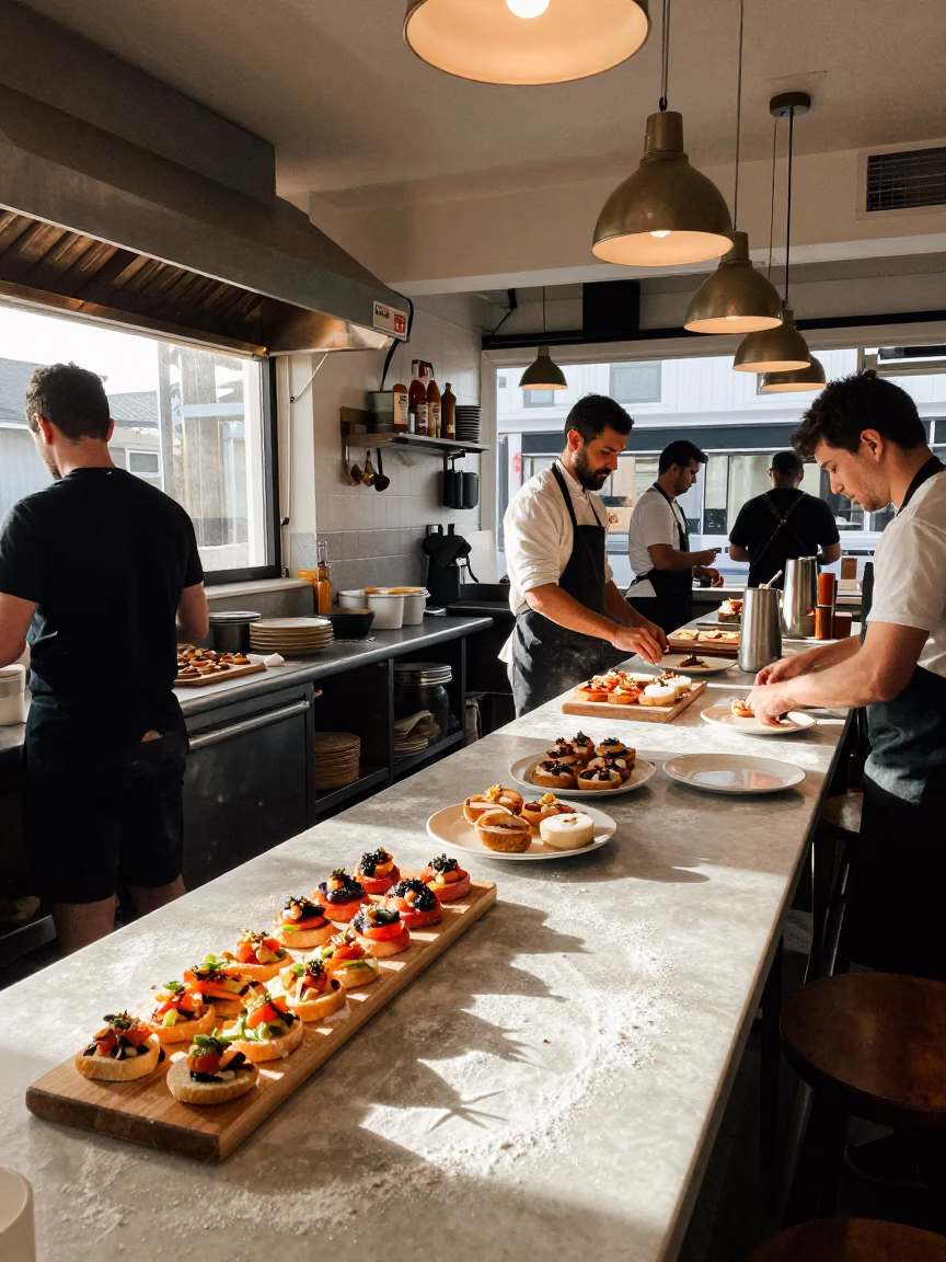 Busy Hobart Kitchen Scene with Spanish Pintxos and Local Tasmanian Morning Light in in Hobart, Tasmania, Australia