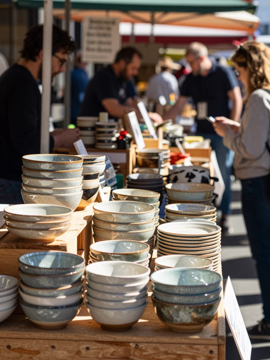 Busy Hobart Market Stall Display in Bright Midmorning Light in in Hobart, Tasmania, Australia