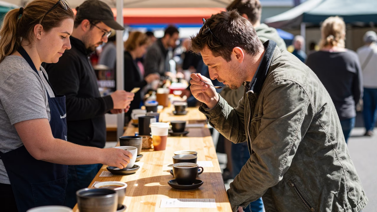 Busy Hobart Market Stall with Coffee Tasting and Local Goods in Midday Sun in in Hobart, Tasmania, Australia