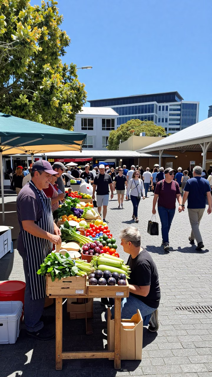 Busy Hobart Salamanca Market Midday Scene with Local Artisans and Visitors in Tasmania Australia in in Hobart, Tasmania, Australia
