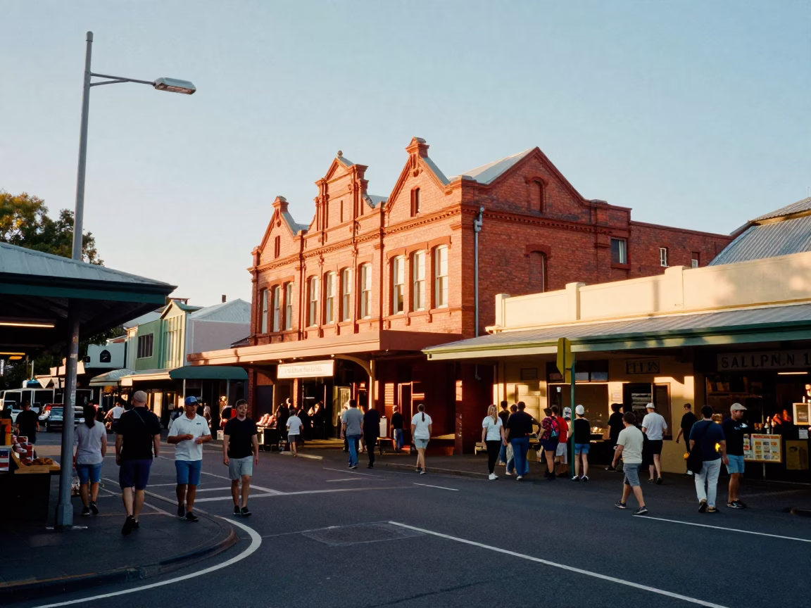 Busy Hobart Street Corner After Sunrise with Local Market Goods and Vintage 1980s Atmosphere in in Hobart, Tasmania, Australia