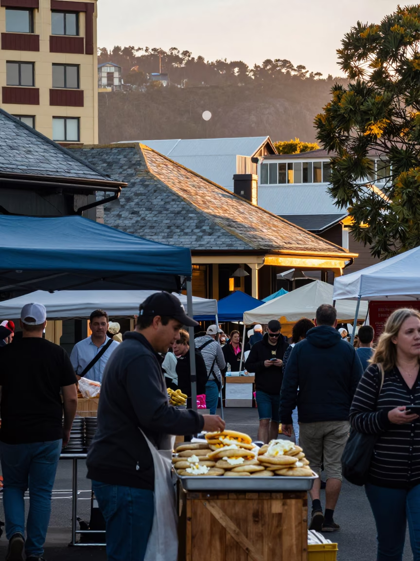 Busy Hobart Street Market Scene at First Light with Brass Fixtures and Local Produce in in Hobart, Tasmania, Australia