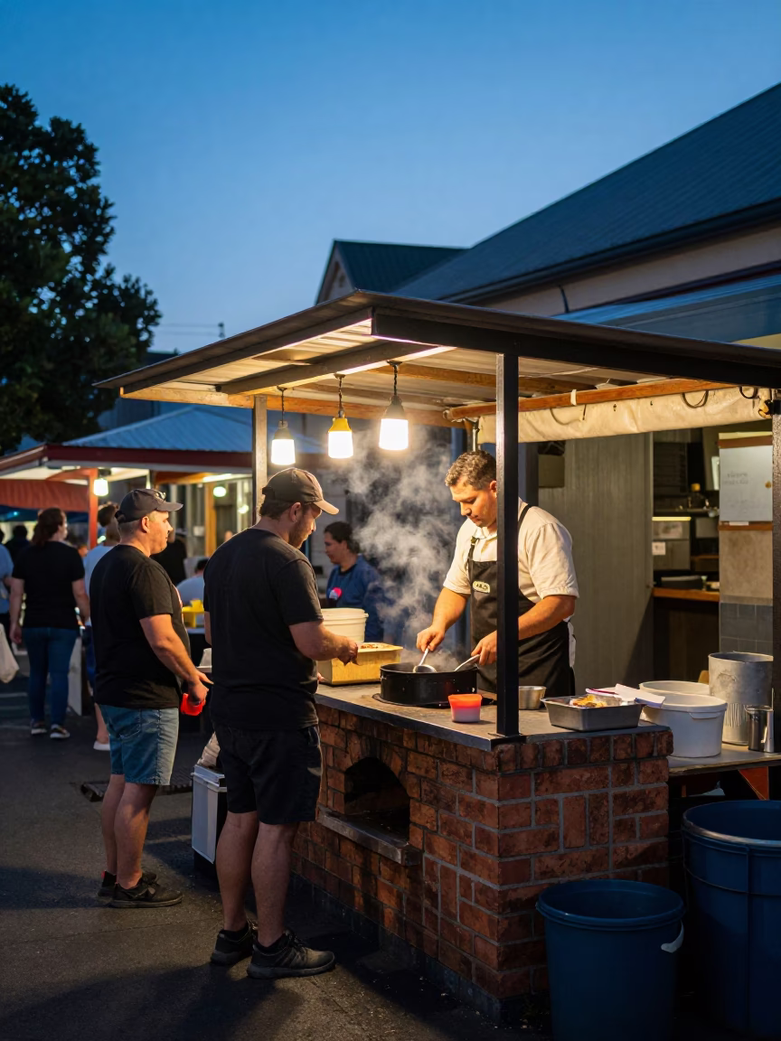 Busy Hobart Street Scene at Blue Hour with Brick Oven and Ladle in in Hobart, Tasmania, Australia