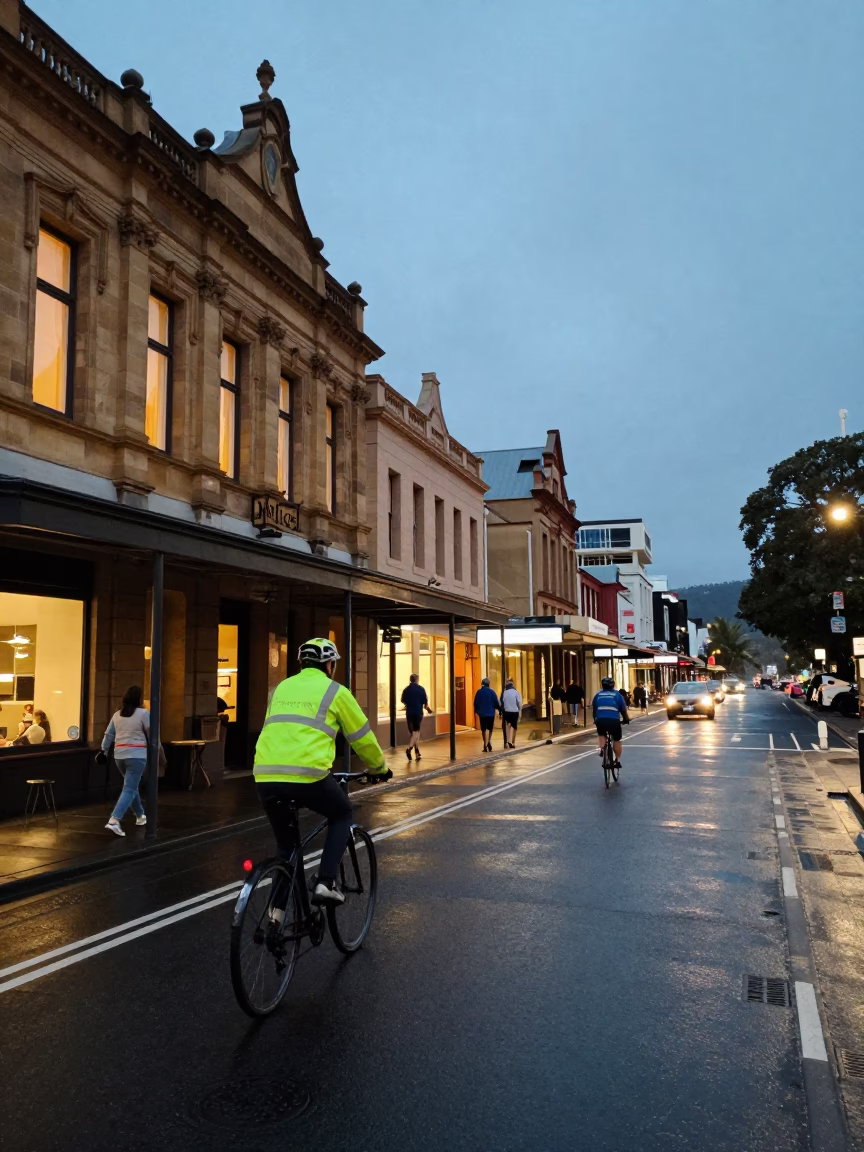 Busy Hobart Street Scene at Blue Hour with Cyclist and Vintage Details in in Hobart, Tasmania, Australia