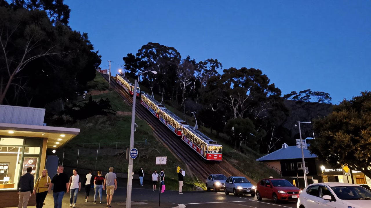 Busy Hobart Street Scene at Blue Hour with Funicular Climbing steep Hill in in Hobart, Tasmania, Australia
