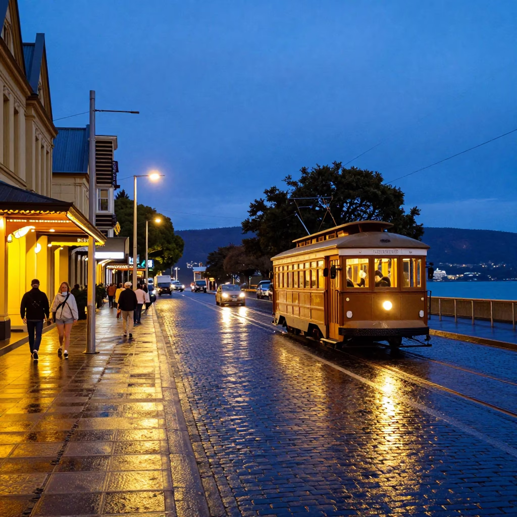 Busy Hobart Street Scene at Blue Hour with Vintage Trolley and Coastal Activity in in Hobart, Tasmania, Australia