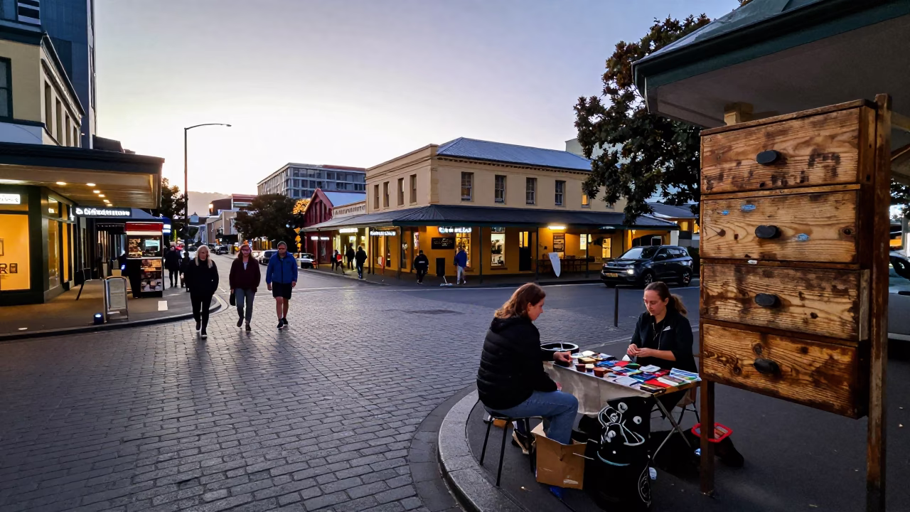 Busy Hobart Street Scene at Dawn with Local Artisan Shop Display in in Hobart, Tasmania, Australia