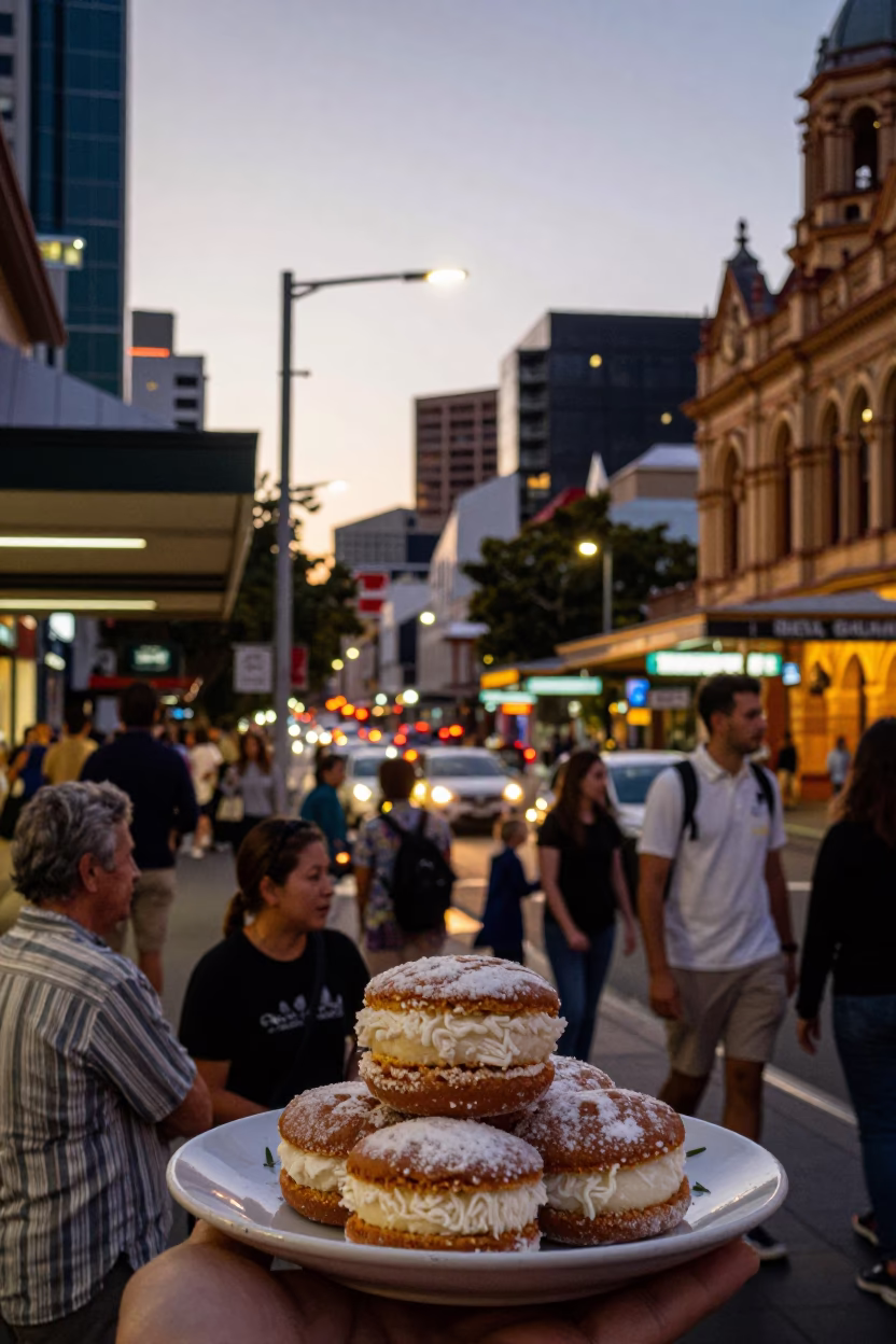 Busy Hobart Street Scene at Dusk with Lamingtons and Heritage Architecture in in Hobart, Tasmania, Australia