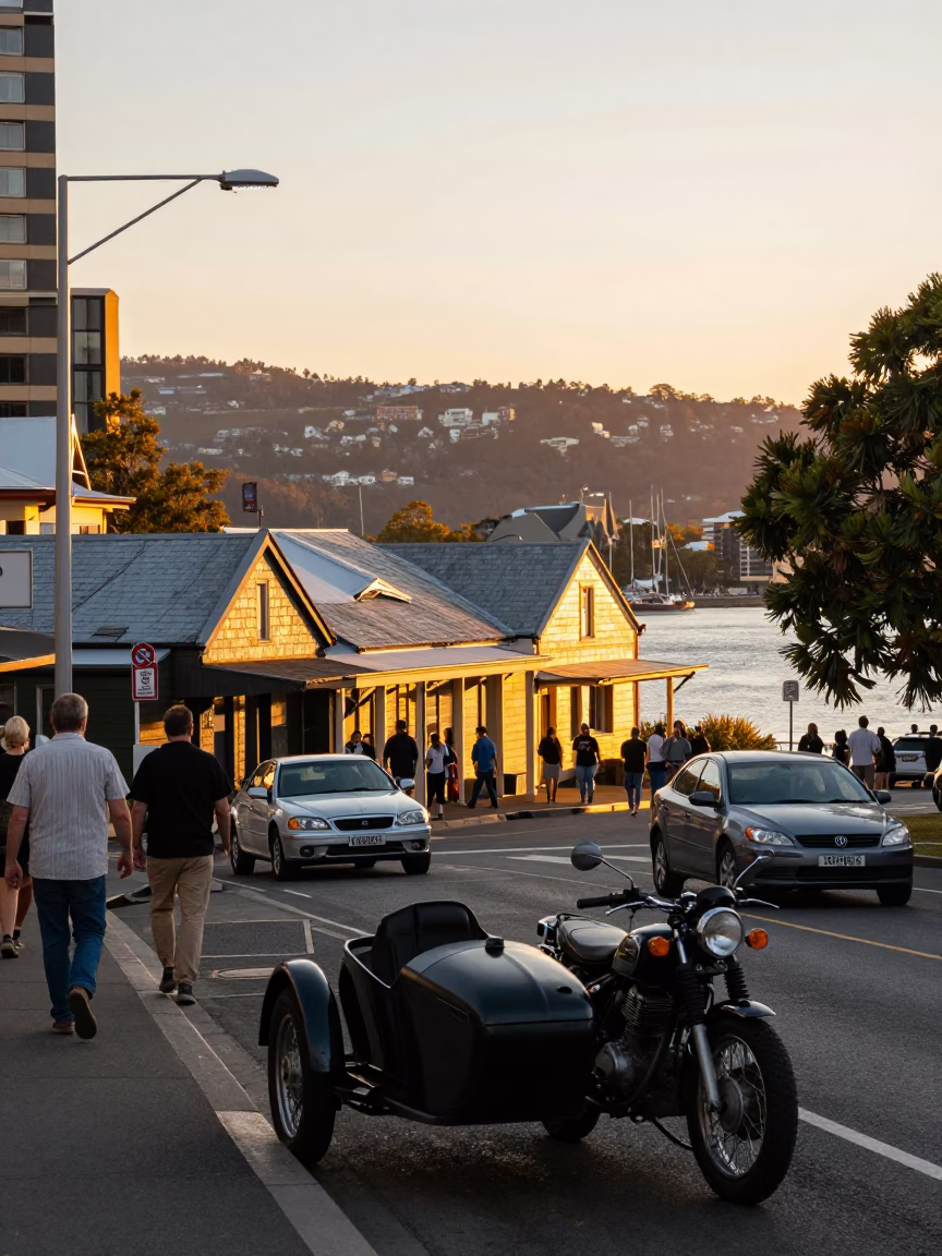 Busy Hobart Street Scene at Golden Hour with Vintage Motorcycle and Local Life in in Hobart, Tasmania, Australia