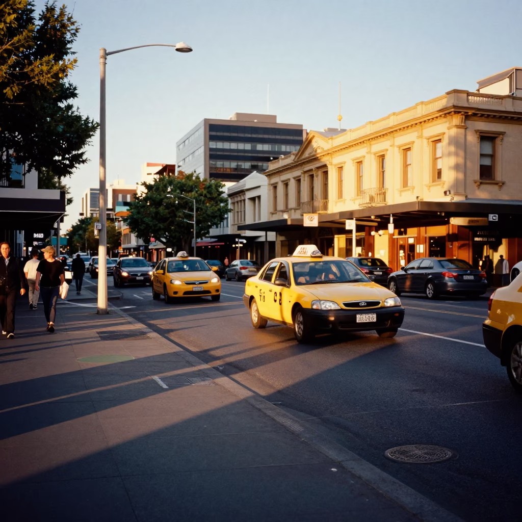 Busy Hobart Street Scene at Golden Hour with Yellow Taxi and Urban Details in in Hobart, Tasmania, Australia