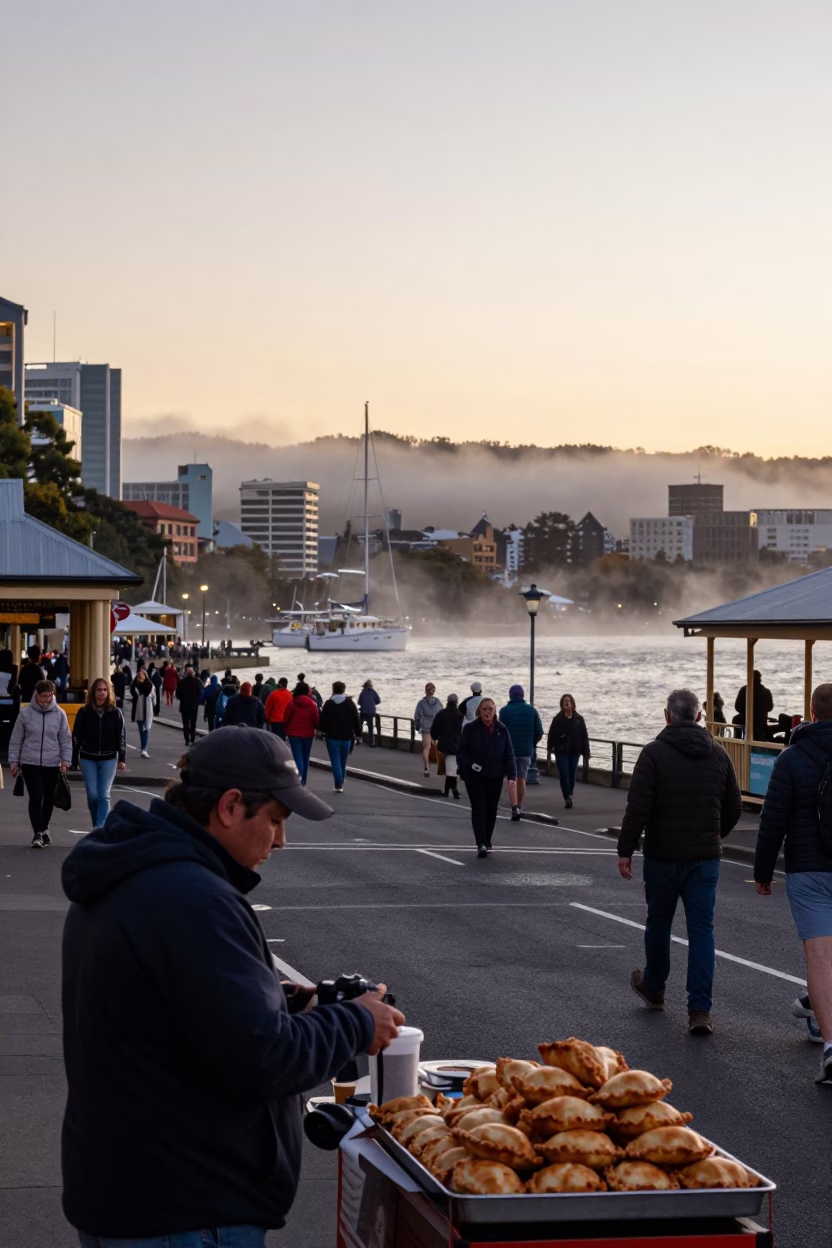 Busy Hobart Street Scene at Nautical Dawn with Local Market Activity in in Hobart, Tasmania, Australia