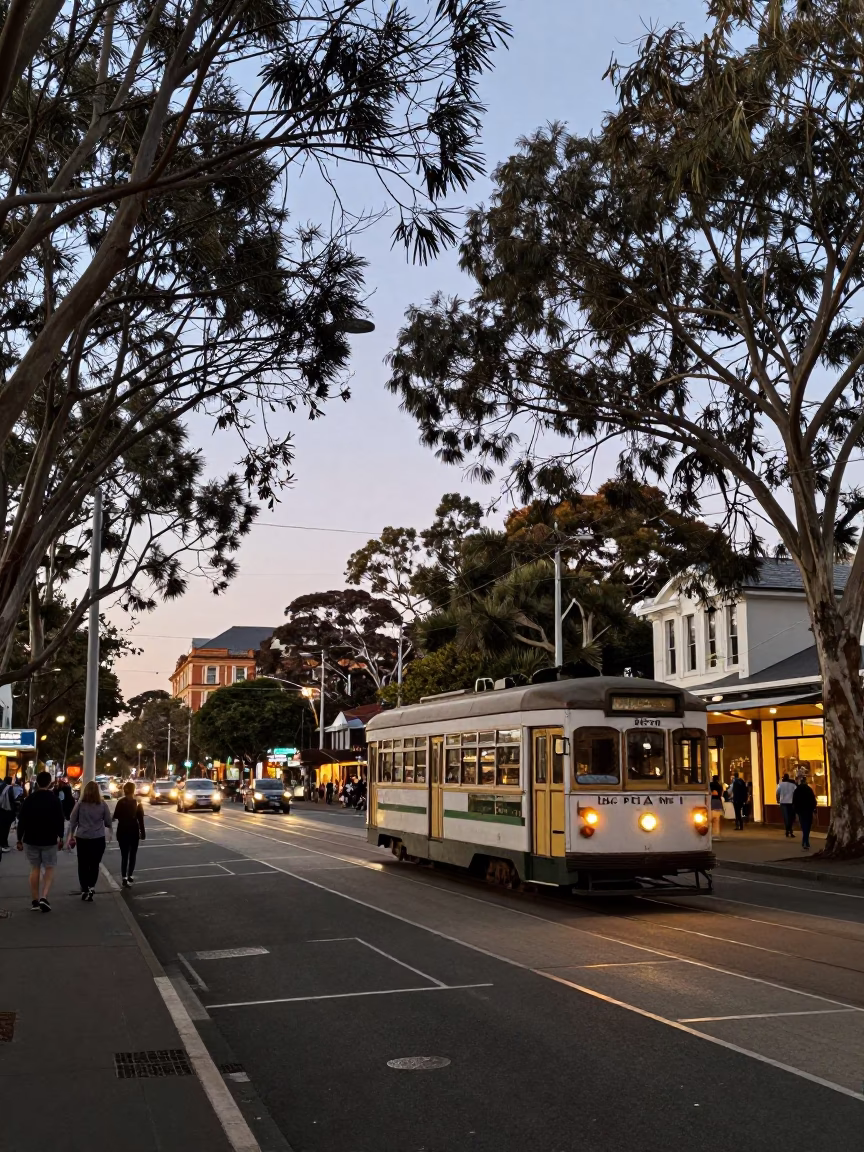 Busy Hobart Street Scene at Nautical Dawn with Tramcar and Local Market Goods in in Hobart, Tasmania, Australia