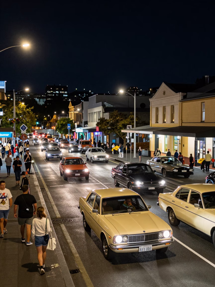 Busy Hobart Street Scene at Night with Vintage Car Rally and Local Interaction in in Hobart, Tasmania, Australia