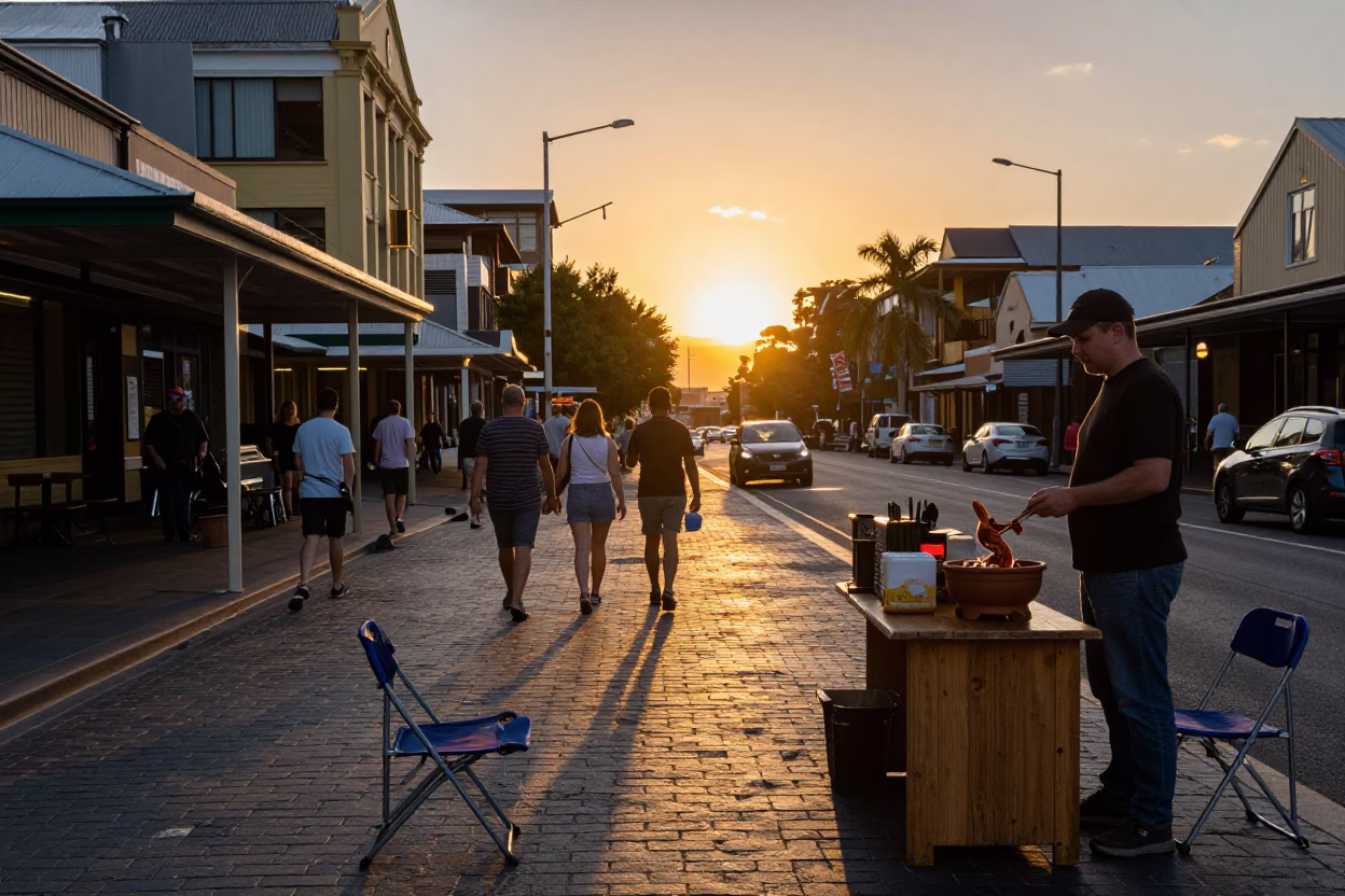 Busy Hobart Street Scene at Sunset with Folding Chair and Clay Pot in in Hobart, Tasmania, Australia