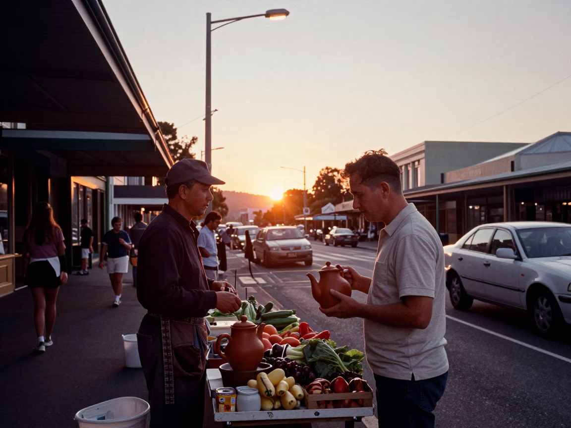 Busy Hobart Street Scene at Sunset with Local Details and Natural Light in in Hobart, Tasmania, Australia
