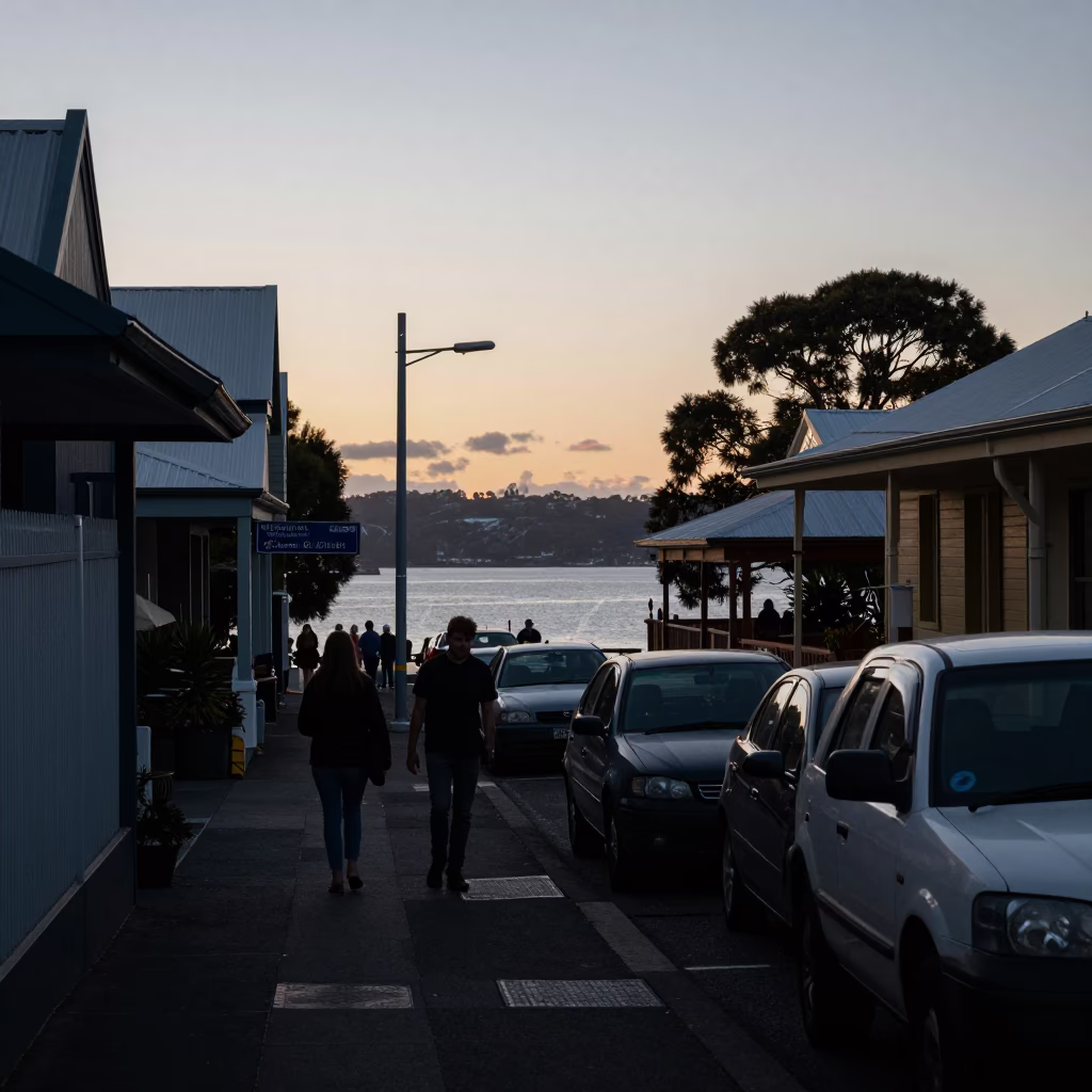 Busy Hobart Street Scene Before Sunrise with Latch and Brass Details in in Hobart, Tasmania, Australia