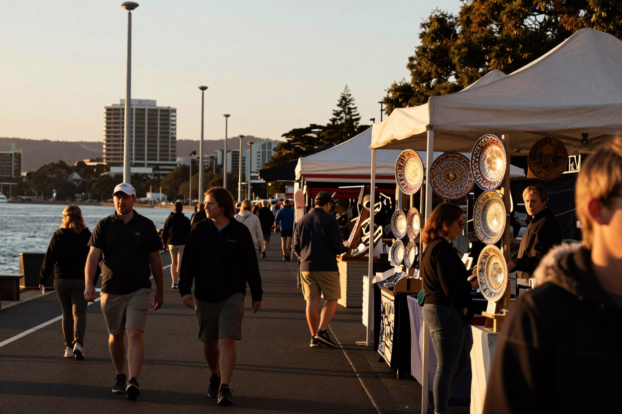 Busy Hobart Street Scene in Honeyed Evening Light with Local Details in in Hobart, Tasmania, Australia