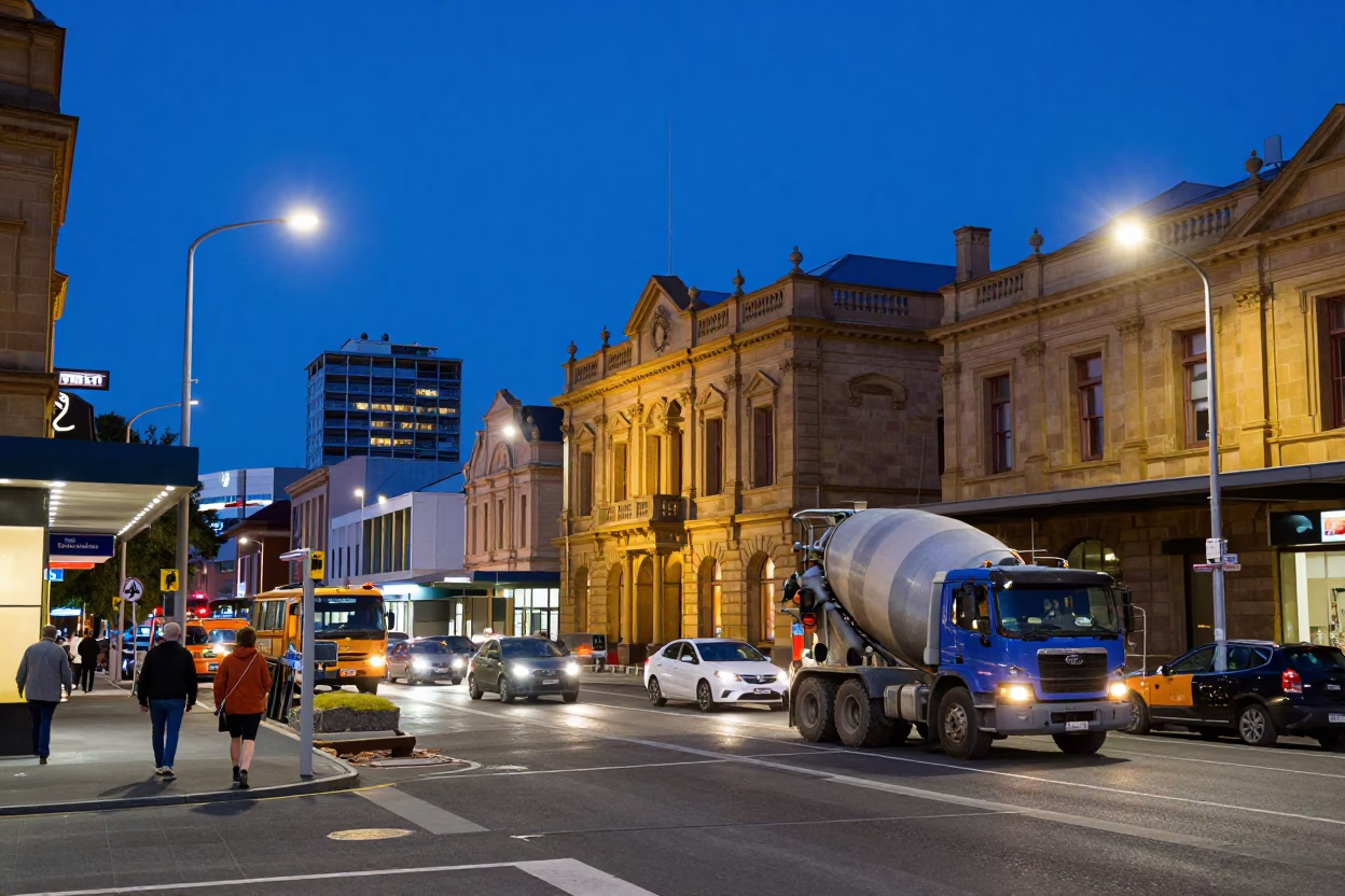 Busy Hobart Street Scene in Indigo Twilight with Construction and Local Life in in Hobart, Tasmania, Australia