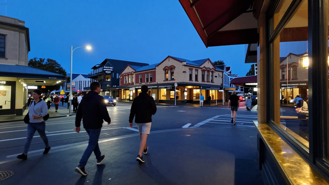 Busy Hobart Street Scene in Tasmanian Blue Hour with Reflections and Urban Details in in Hobart, Tasmania, Australia